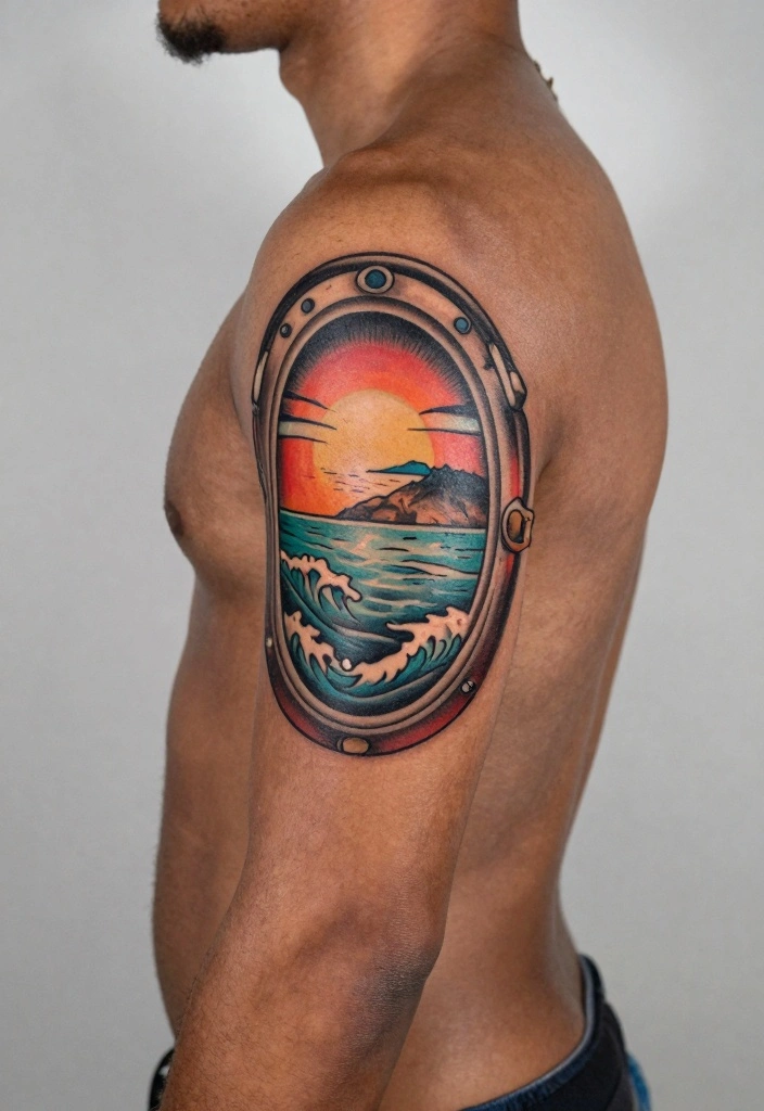 16 Traditional Old School Tattoo Flash Ideas for a Timeless Style 16. Classic Porthole with Landscape 0