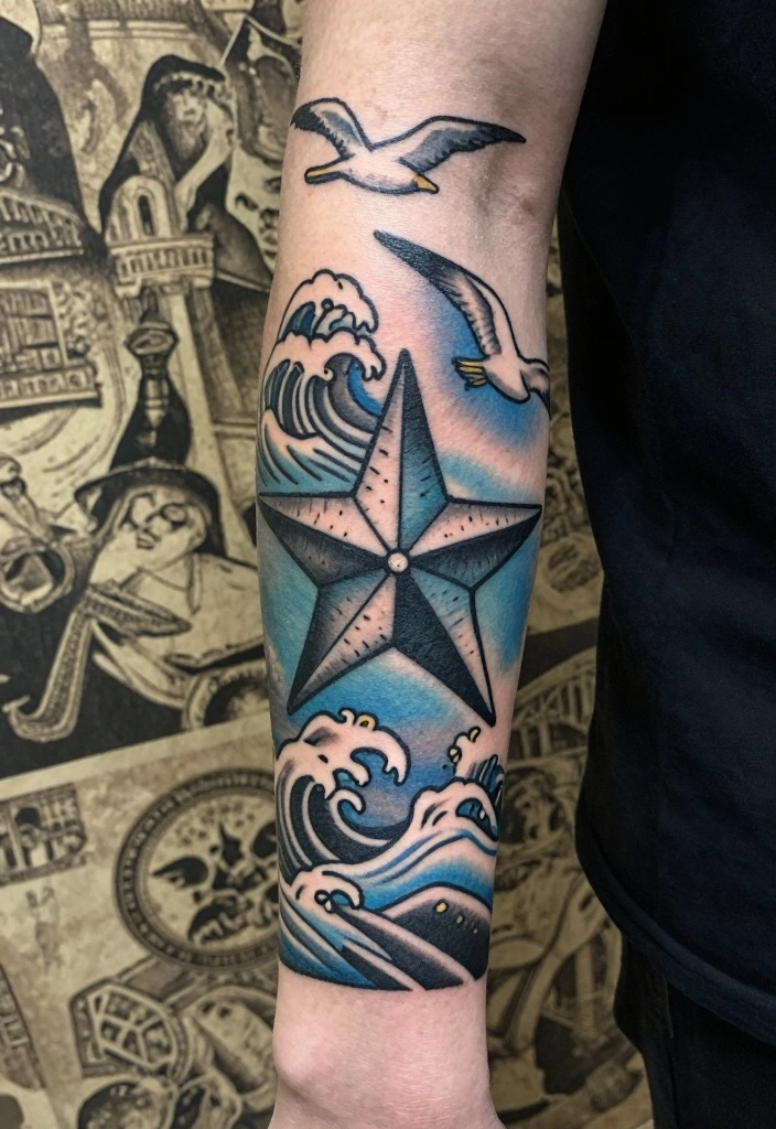 16 Traditional Old School Tattoo Flash Ideas for a Timeless Style 2. Beautiful Nautical Star 0