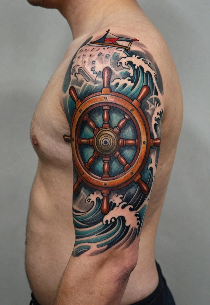 16 Traditional Old School Tattoo Flash Ideas for a Timeless Style 9. The Old School Ship Wheel 0