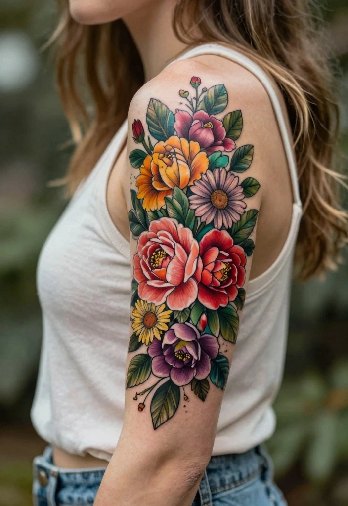 16 Women Half Sleeve Arm Tattoo Ideas With Flow and Balance 1. Floral Burst 0