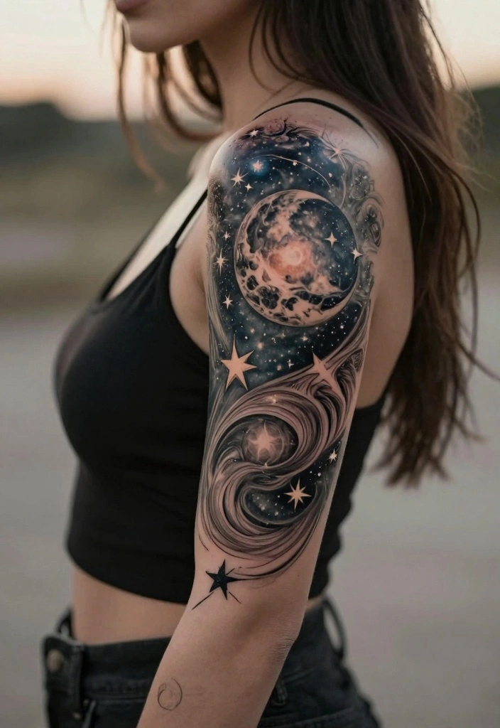 16 Women Half Sleeve Arm Tattoo Ideas With Flow and Balance 12. Celestial Bodies 0