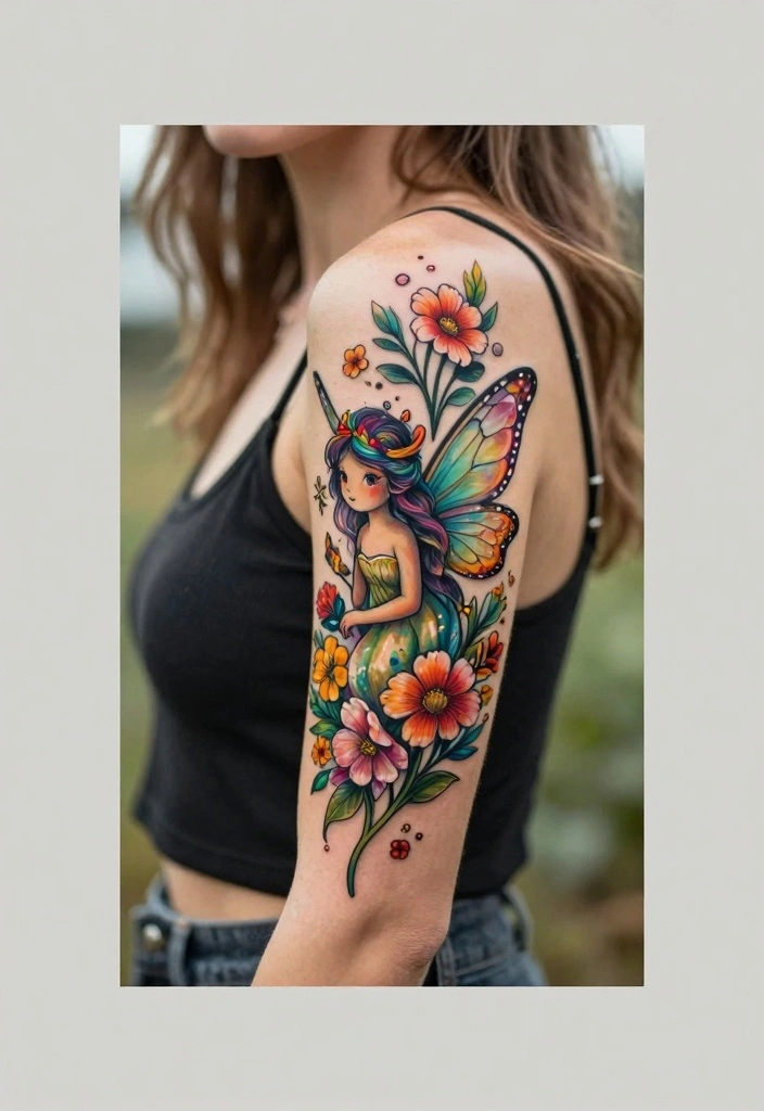 16 Women Half Sleeve Arm Tattoo Ideas With Flow and Balance 6. Whimsical Creatures 0