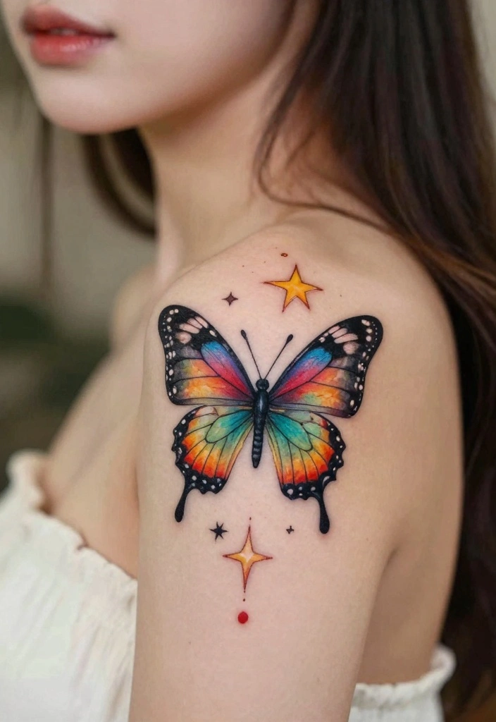 18 Butterfly Tattoo Ideas for Women Elegant Meaningful and Trendy 12. Butterfly with Stars 0