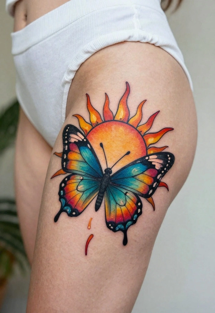 18 Butterfly Tattoo Ideas for Women Elegant Meaningful and Trendy 18. Sun and Butterfly Tattoo 0