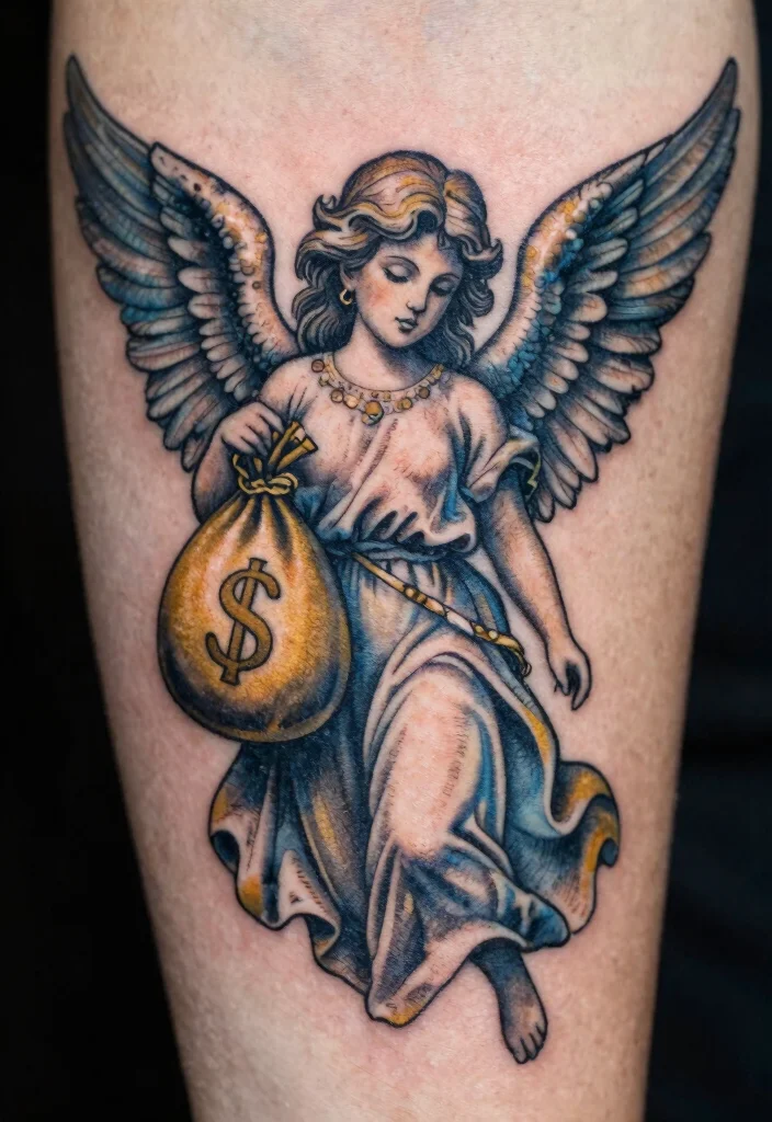 9 Angel Holding Money Bag Tattoo Ideas Bold and Statement Ready 1. Classic Angel with Money Bag 0