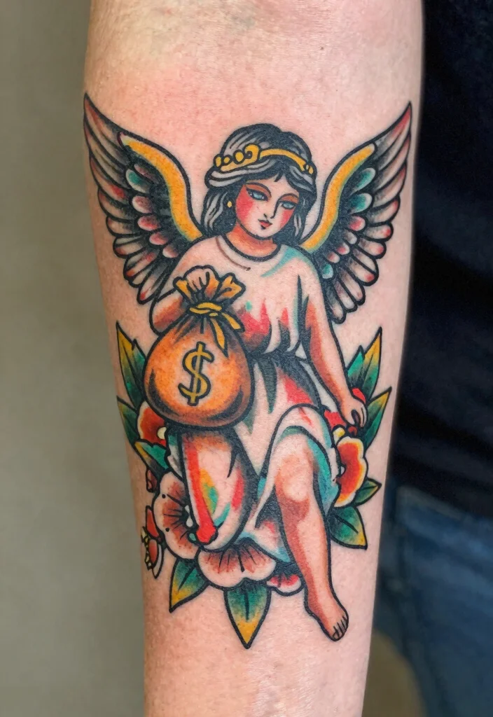 9 Angel Holding Money Bag Tattoo Ideas Bold and Statement Ready 2. Neo Traditional Angel Holding Money Bag 0