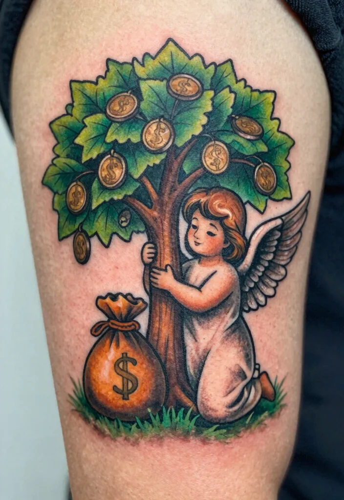 9 Angel Holding Money Bag Tattoo Ideas Bold and Statement Ready 4. Angel with a Money Tree Bag 0