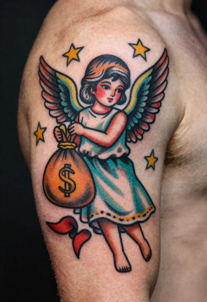 9 Angel Holding Money Bag Tattoo Ideas Bold and Statement Ready 5. Retro Angel and Money Bag 0