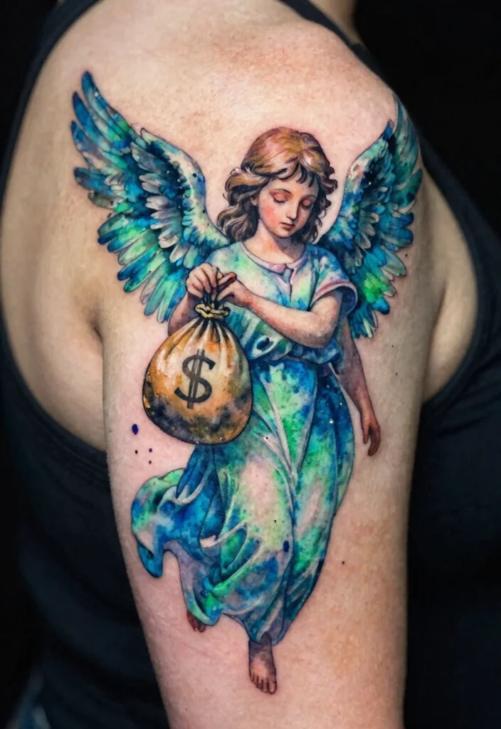 9 Angel Holding Money Bag Tattoo Ideas Bold and Statement Ready 6. Watercolor Angel Money Bag 0