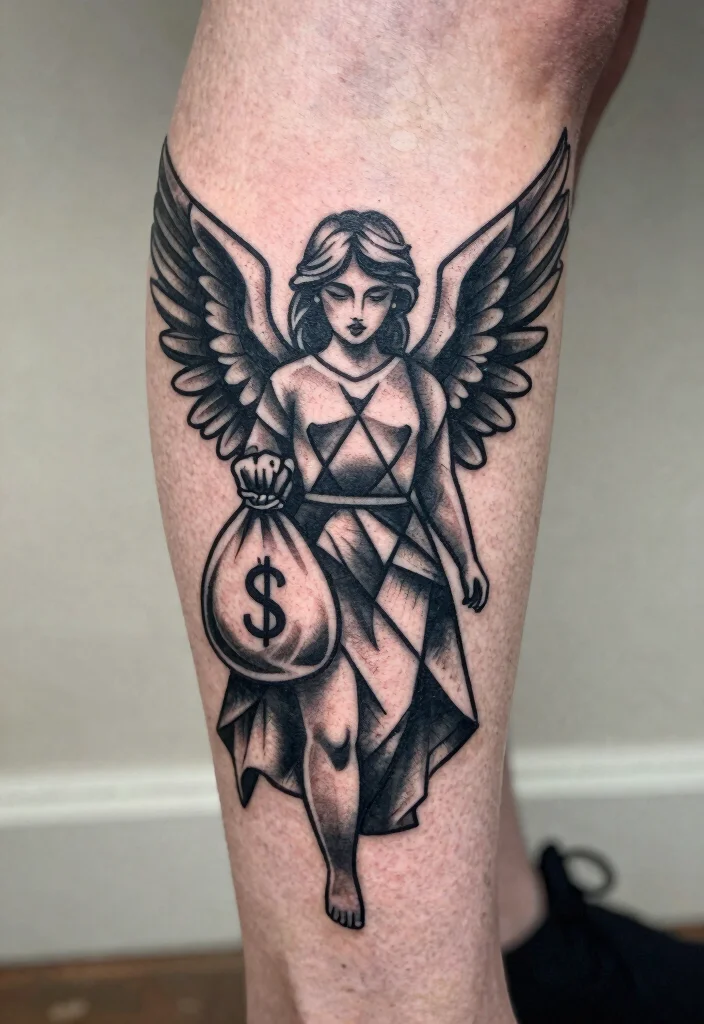 9 Angel Holding Money Bag Tattoo Ideas Bold and Statement Ready 7. Geometric Angel and Money Bag 0