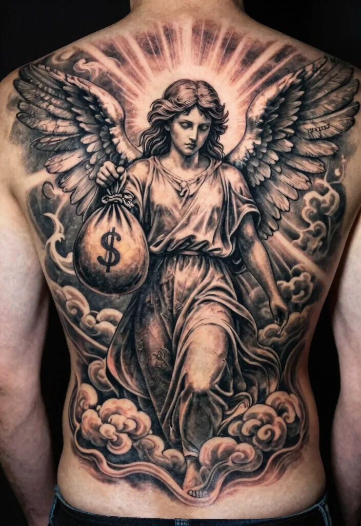 9 Angel Holding Money Bag Tattoo Ideas Bold and Statement Ready 8. Large Back Piece with Angel and Money Bag 0