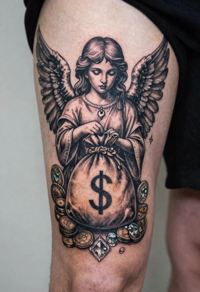 9 Angel Holding Money Bag Tattoo Ideas Bold and Statement Ready 9. Angel with Symbols of Wealth 0