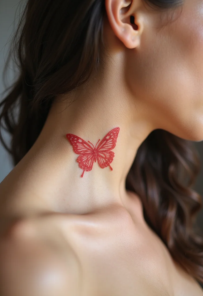 9 Red Butterfly Neck Tattoo Ideas Bold and Striking 1. Delicate Red Outline 0