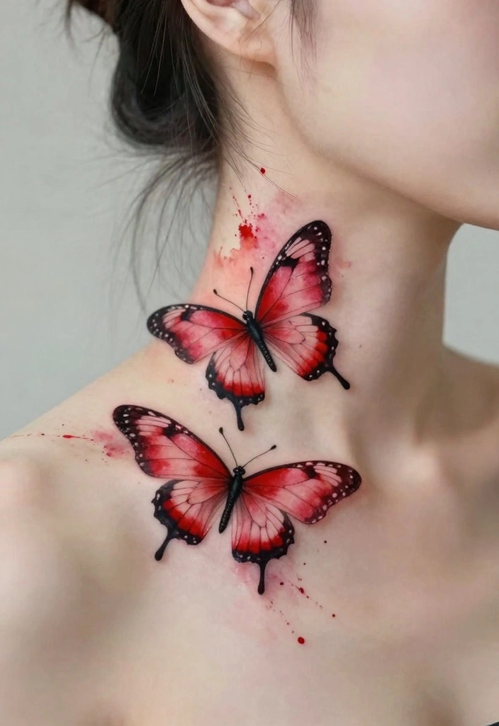 9 Red Butterfly Neck Tattoo Ideas Bold and Striking 2. Watercolor Butterfly Burst 0