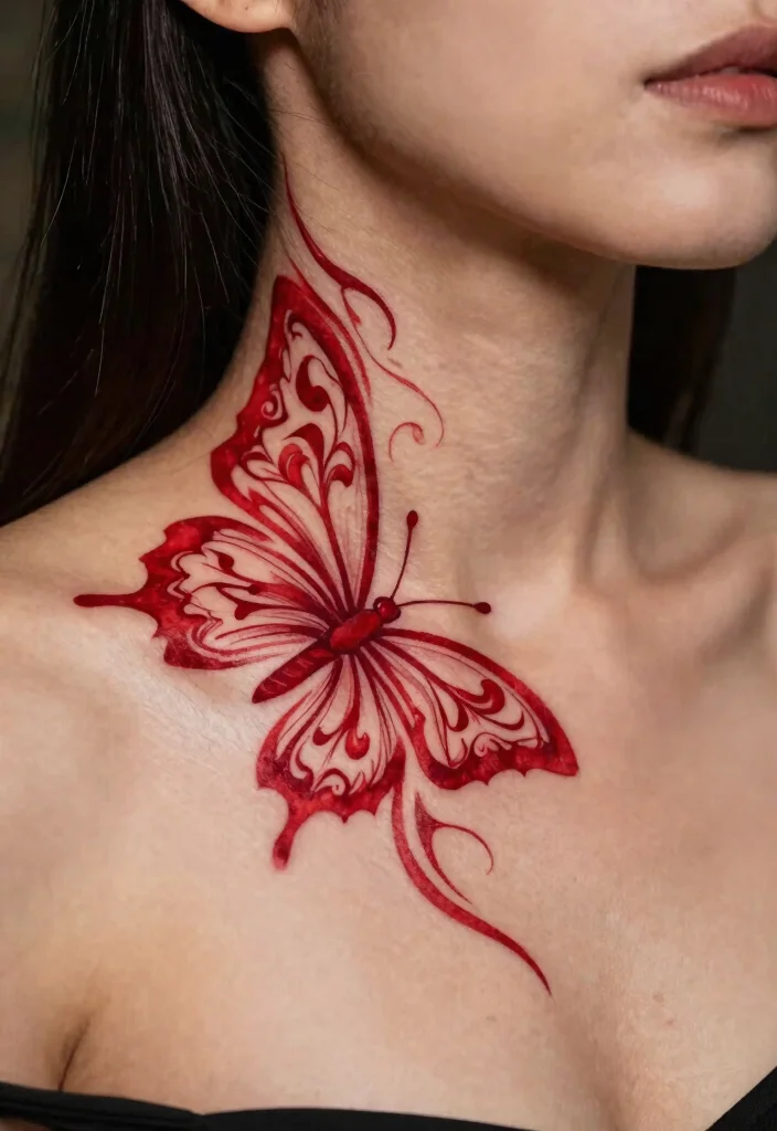9 Red Butterfly Neck Tattoo Ideas Bold and Striking 4. Red Tribal Butterfly 0