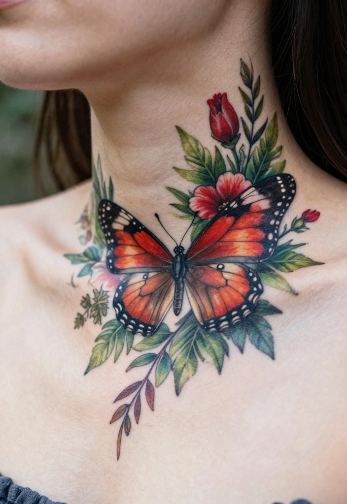 9 Red Butterfly Neck Tattoo Ideas Bold and Striking 5. Floral Butterfly Blend 0