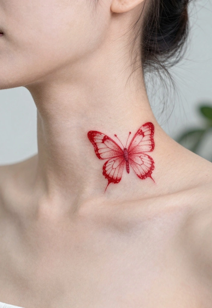 9 Red Butterfly Neck Tattoo Ideas Bold and Striking 6. Minimalist Red Butterfly with Dot Work 0