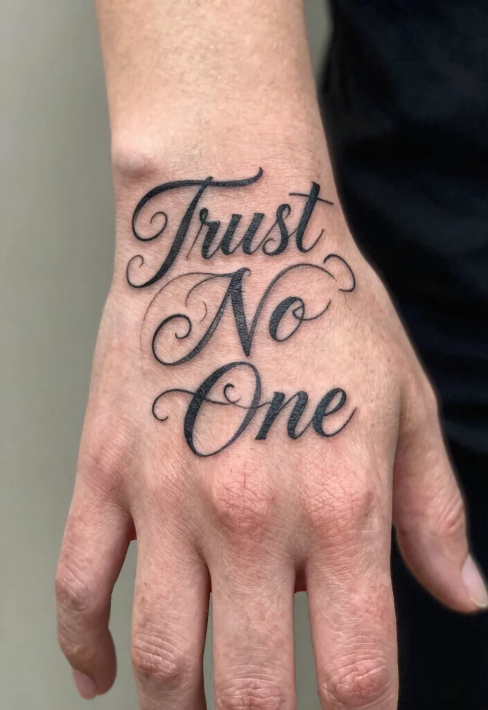 9 Trust No One Hand Tattoo Ideas Bold and Statement Ready 1. Bold Script with a Twist 0