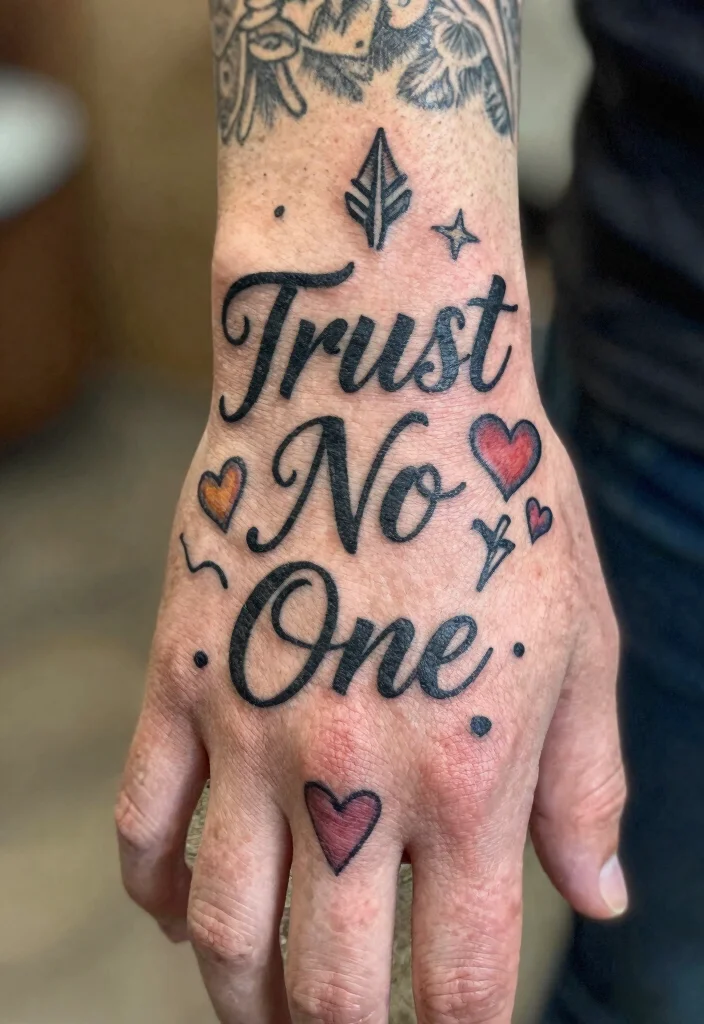 9 Trust No One Hand Tattoo Ideas Bold and Statement Ready 8. Combining Symbols with the Phrase 0